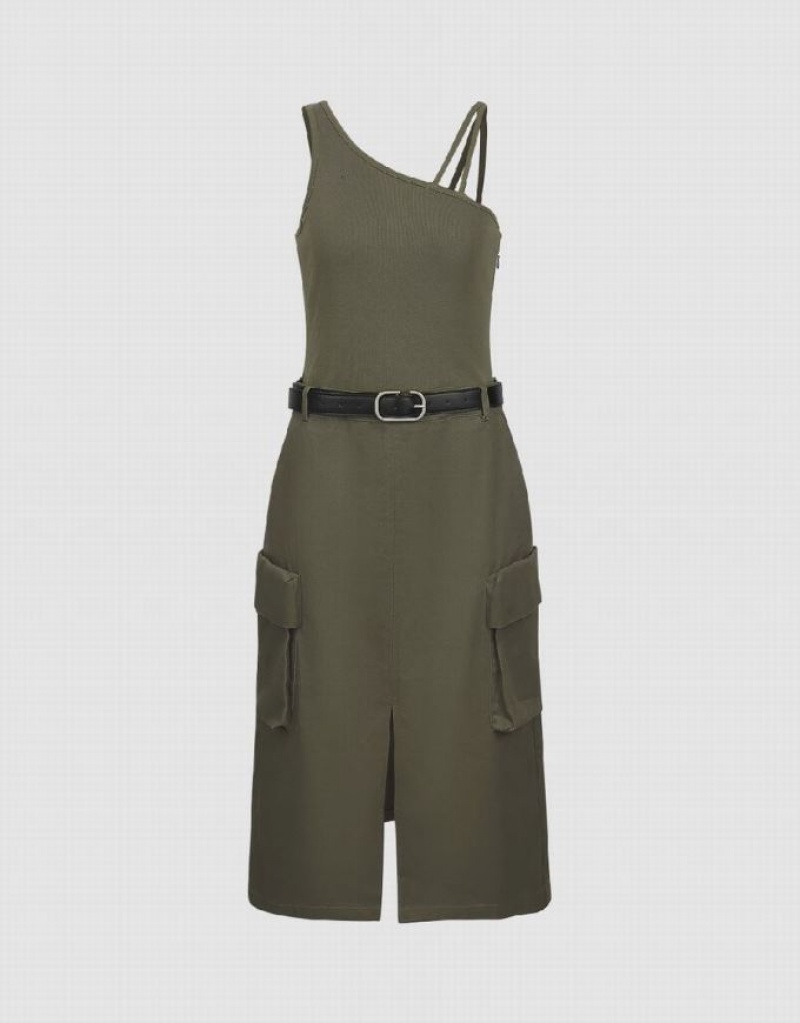 Green Urban Revivo Sleeveless One Shoulder Straight With Belt Women's Dress | BUGEXR-843