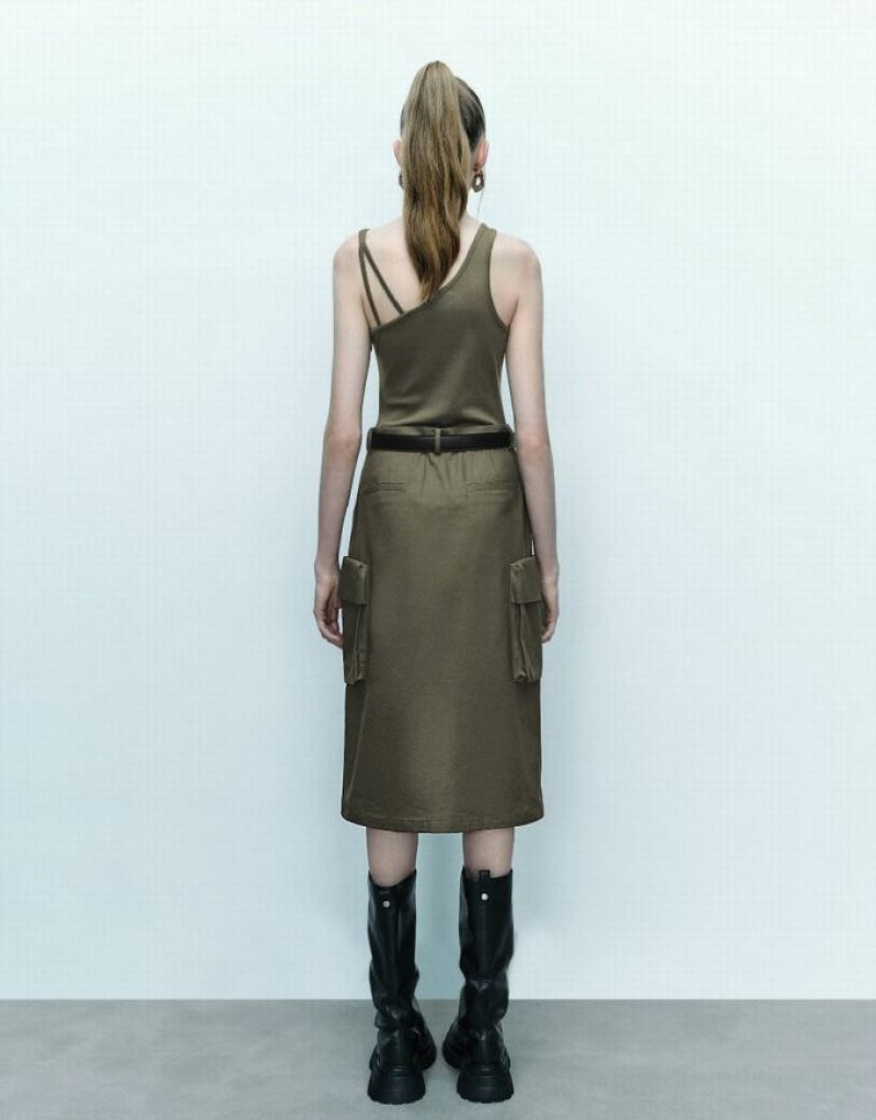 Green Urban Revivo Sleeveless One Shoulder Straight With Belt Women's Dress | BUGEXR-843