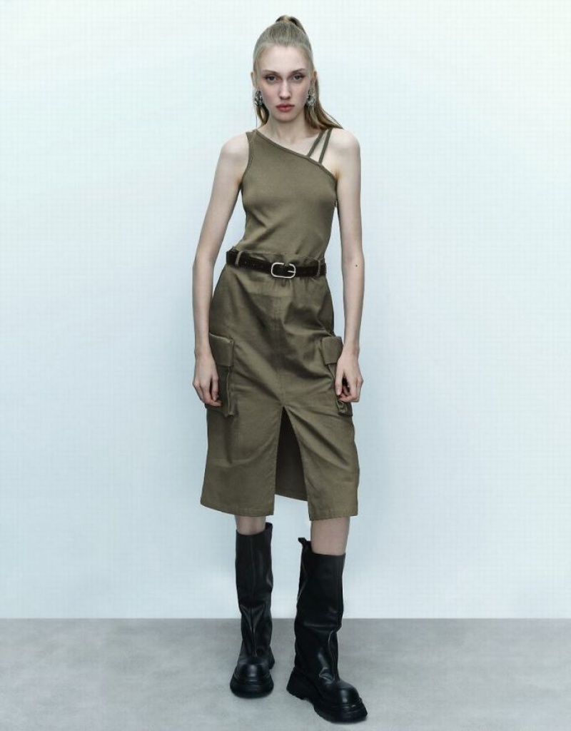 Green Urban Revivo Sleeveless One Shoulder Straight With Belt Women\'s Dress | BUGEXR-843