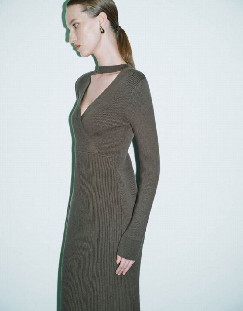 Green Urban Revivo Split Hem Skinny Straight Women's Knitted Dress | OMCEFG-920