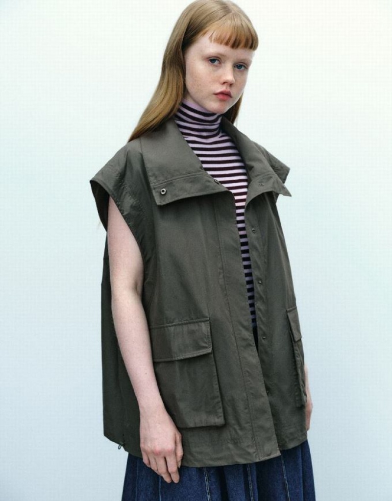Green Urban Revivo Stand Collar Straight Women's Waistcoat | NTRSDA-120