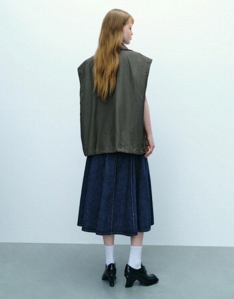 Green Urban Revivo Stand Collar Straight Women's Waistcoat | NTRSDA-120