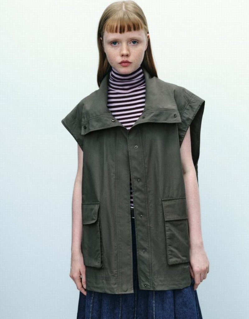 Green Urban Revivo Stand Collar Straight Women\'s Waistcoat | NTRSDA-120