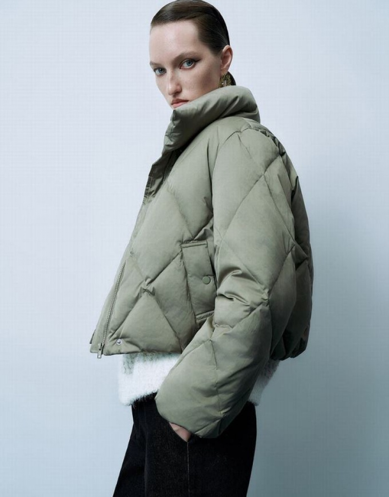 Green Urban Revivo Stand Collar Straight Women's Down Jackets | NYHTVK-608