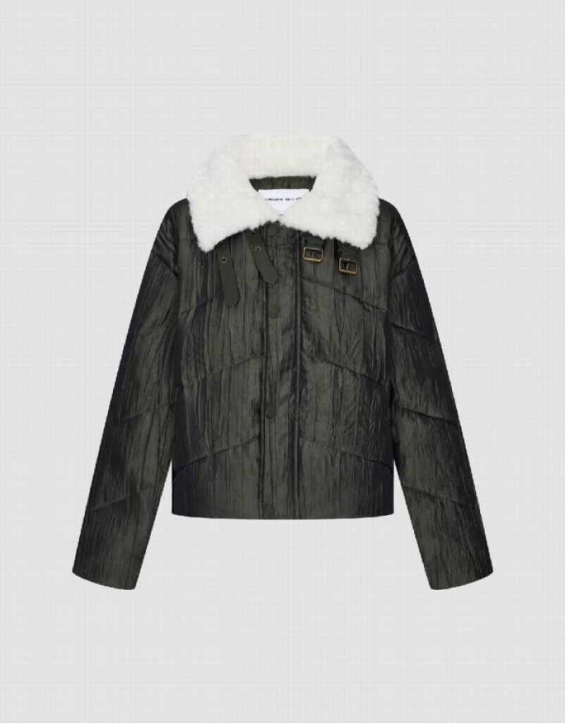 Green Urban Revivo Straight Padded With Furry Collar Women's Coats | HCWOBU-381