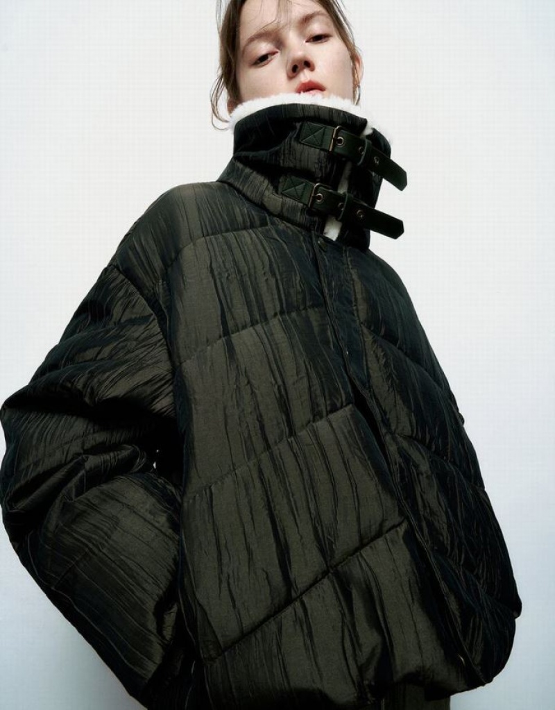 Green Urban Revivo Straight Padded With Furry Collar Women's Coats | HCWOBU-381