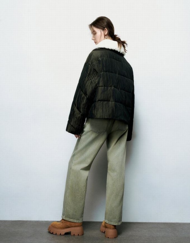 Green Urban Revivo Straight Padded With Furry Collar Women's Coats | HCWOBU-381