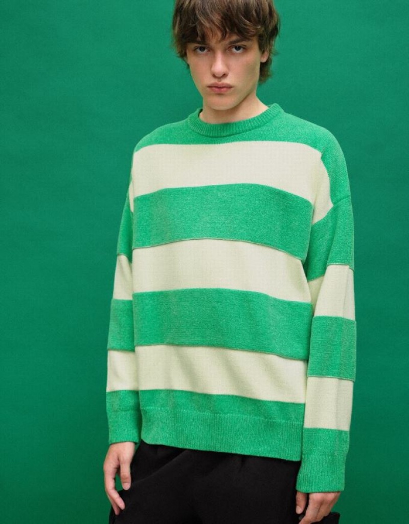 Green Urban Revivo Striped Crew Neck Knitted Men's Cardigan | CNKGTQ-156
