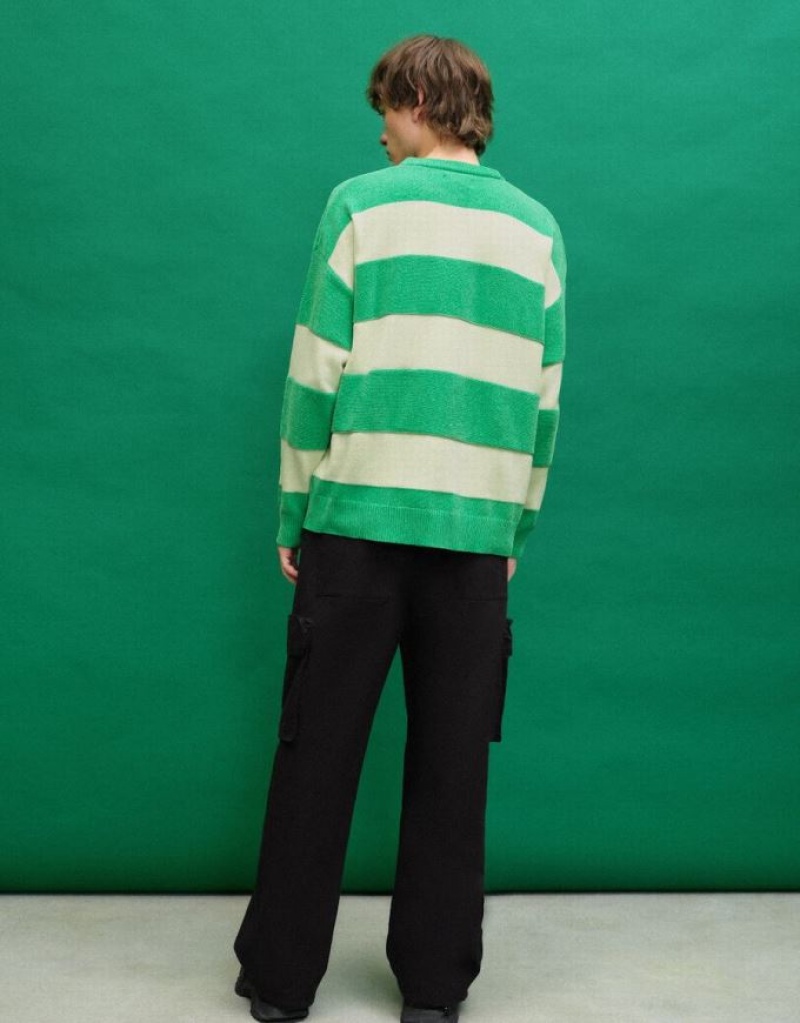 Green Urban Revivo Striped Crew Neck Knitted Men's Cardigan | CNKGTQ-156