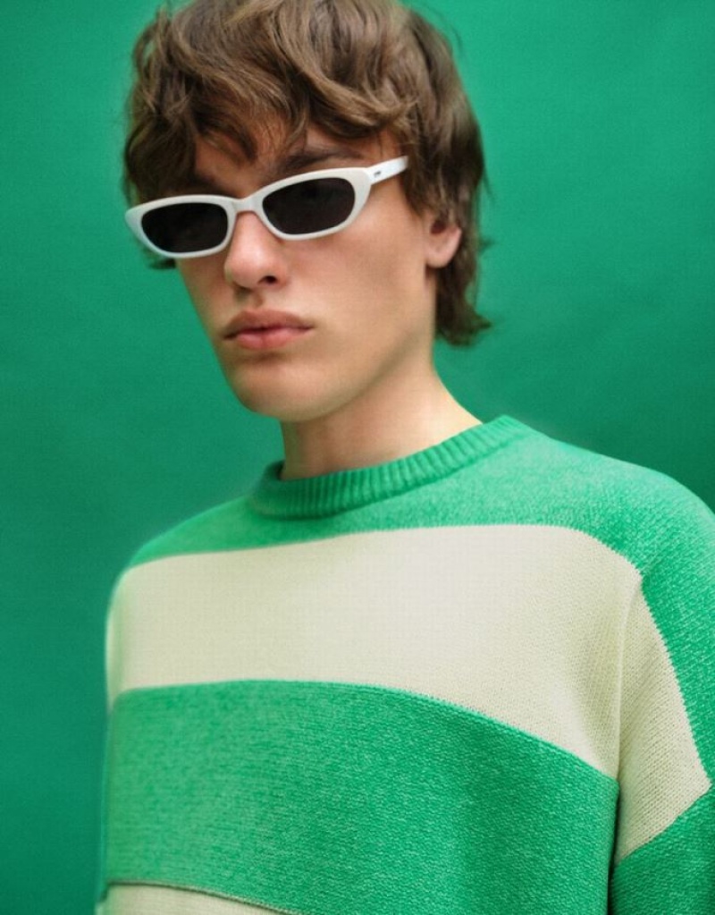 Green Urban Revivo Striped Crew Neck Knitted Men's Cardigan | CNKGTQ-156