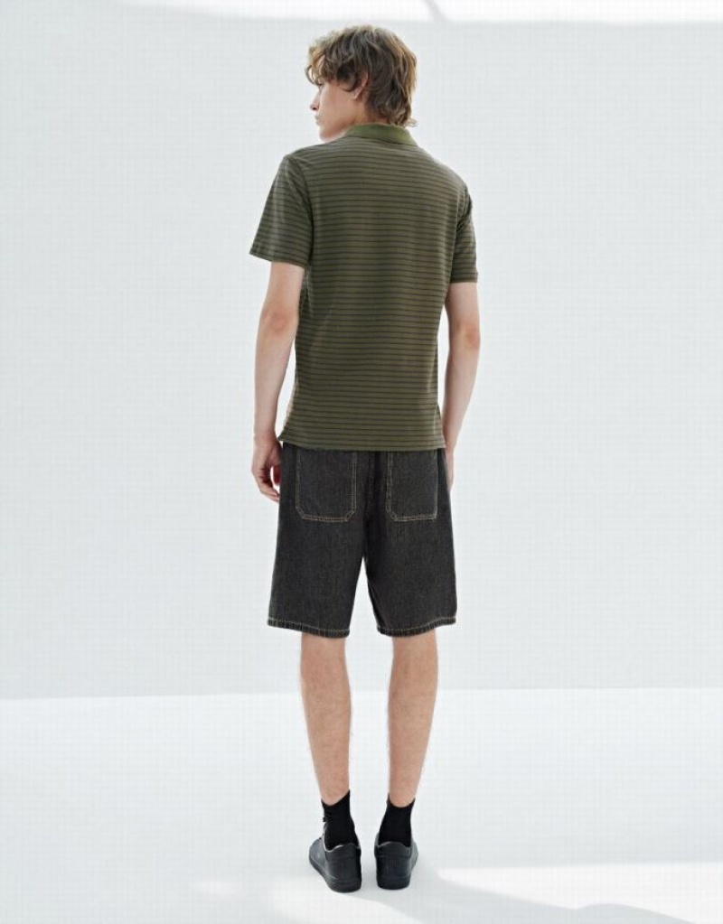 Green Urban Revivo Striped Men's T-Shirts | SCMATE-245