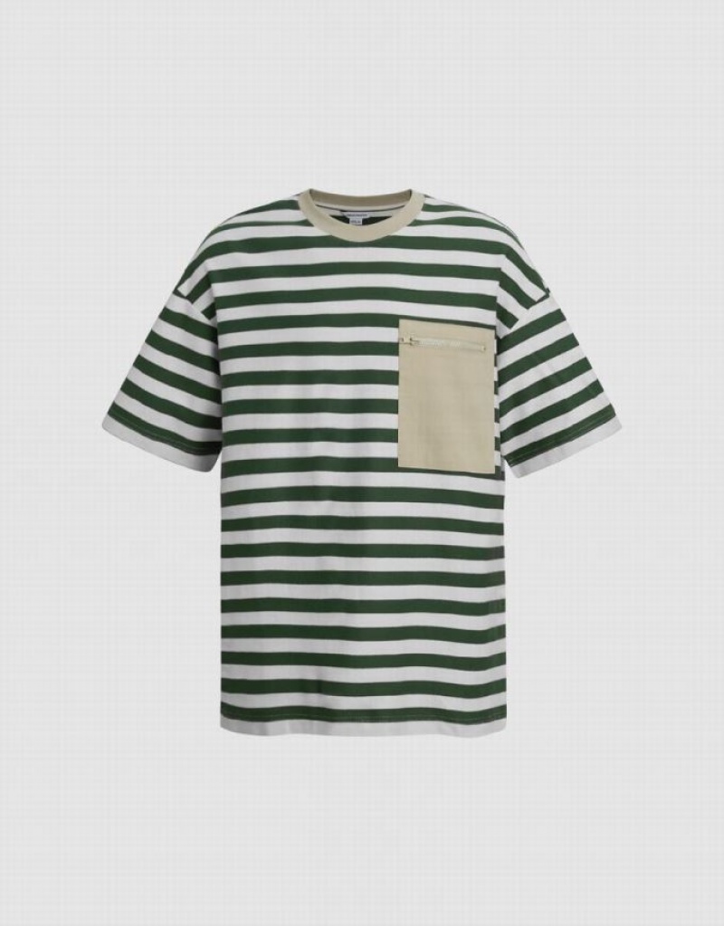 Green Urban Revivo Striped Straight Men\'s T-Shirts | SGDCVN-547