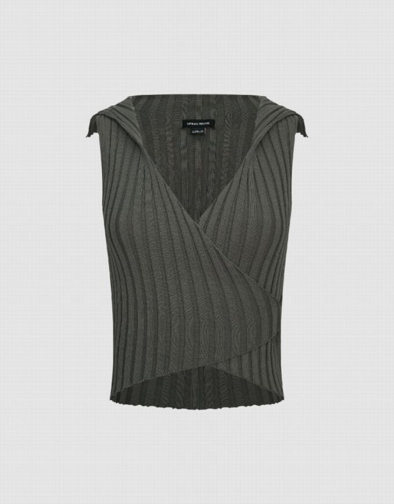 Green Urban Revivo Surplice Neck Knitted Women's Cardigan | TVRJHX-970