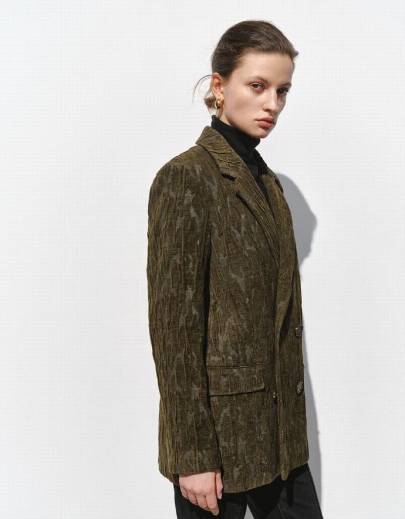 Green Urban Revivo Textured Notch Lapel Women's Blazers | JSQRNK-786