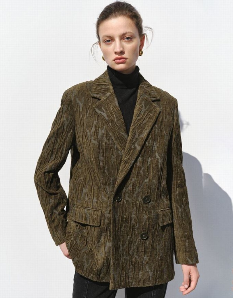 Green Urban Revivo Textured Notch Lapel Women\'s Blazers | JSQRNK-786
