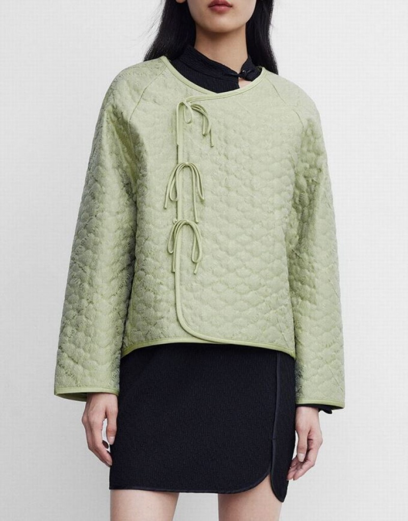 Green Urban Revivo Tie Front Textured Winter Women's Coats | KTBUMS-195