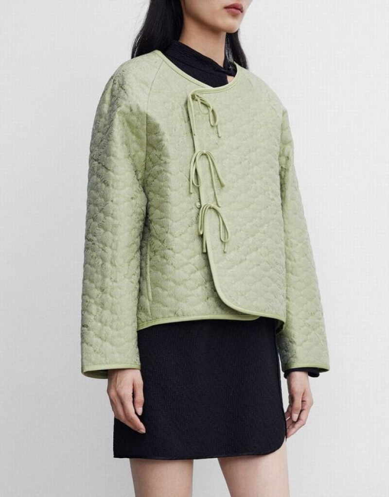 Green Urban Revivo Tie Front Textured Winter Women's Coats | KTBUMS-195