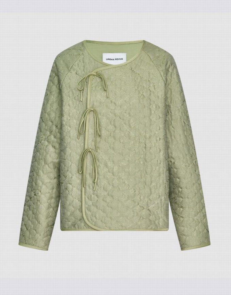 Green Urban Revivo Tie Front Textured Winter Women\'s Coats | KTBUMS-195