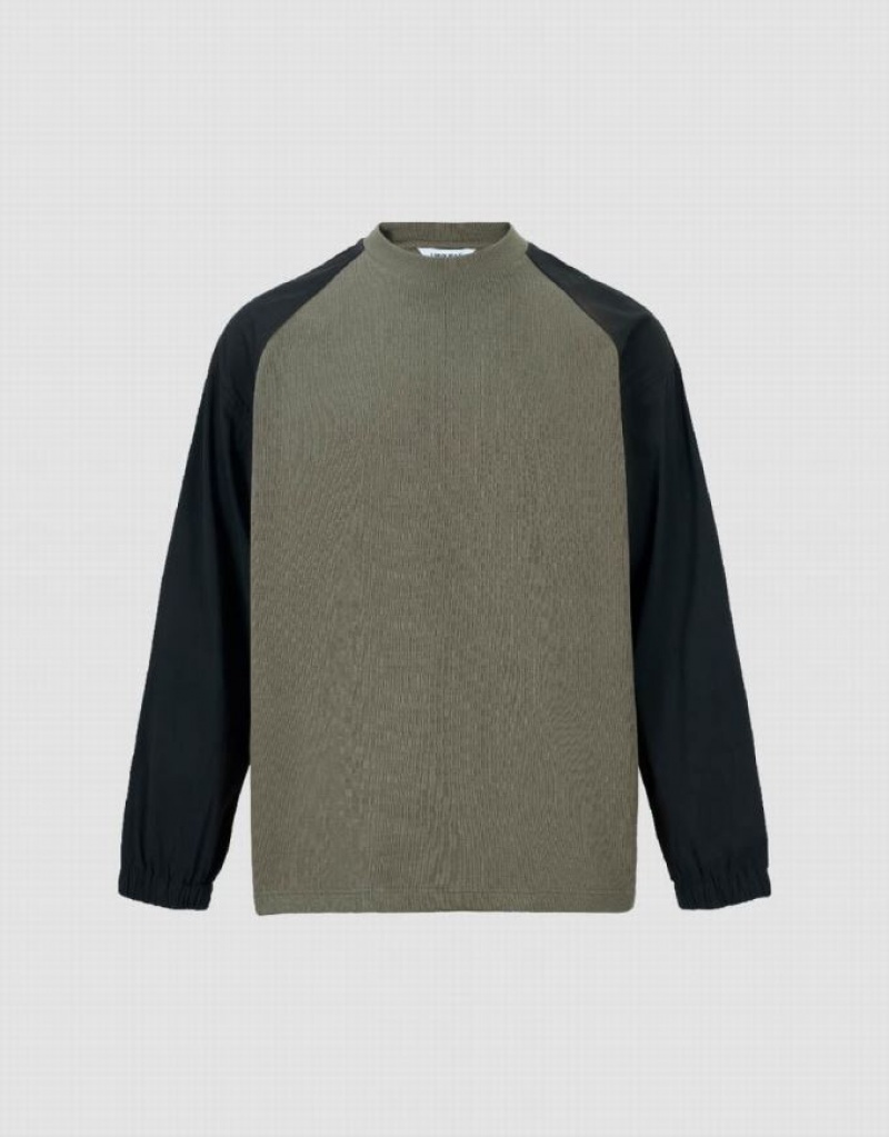 Green Urban Revivo Two Toned Crew Neck Knitted Men\'s T-Shirts | CNHZTQ-378