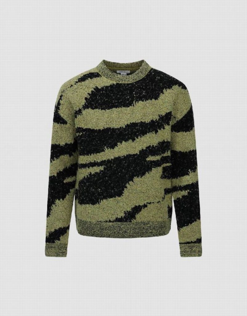 Green Urban Revivo Zebra Printed Crew Neck Knitted Men's Cardigan | EORPUM-726