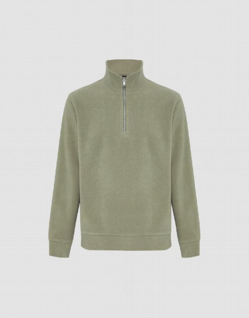Green Urban Revivo Zip Half Placket Knitted Men's Sweatshirts | YBXKQS-596