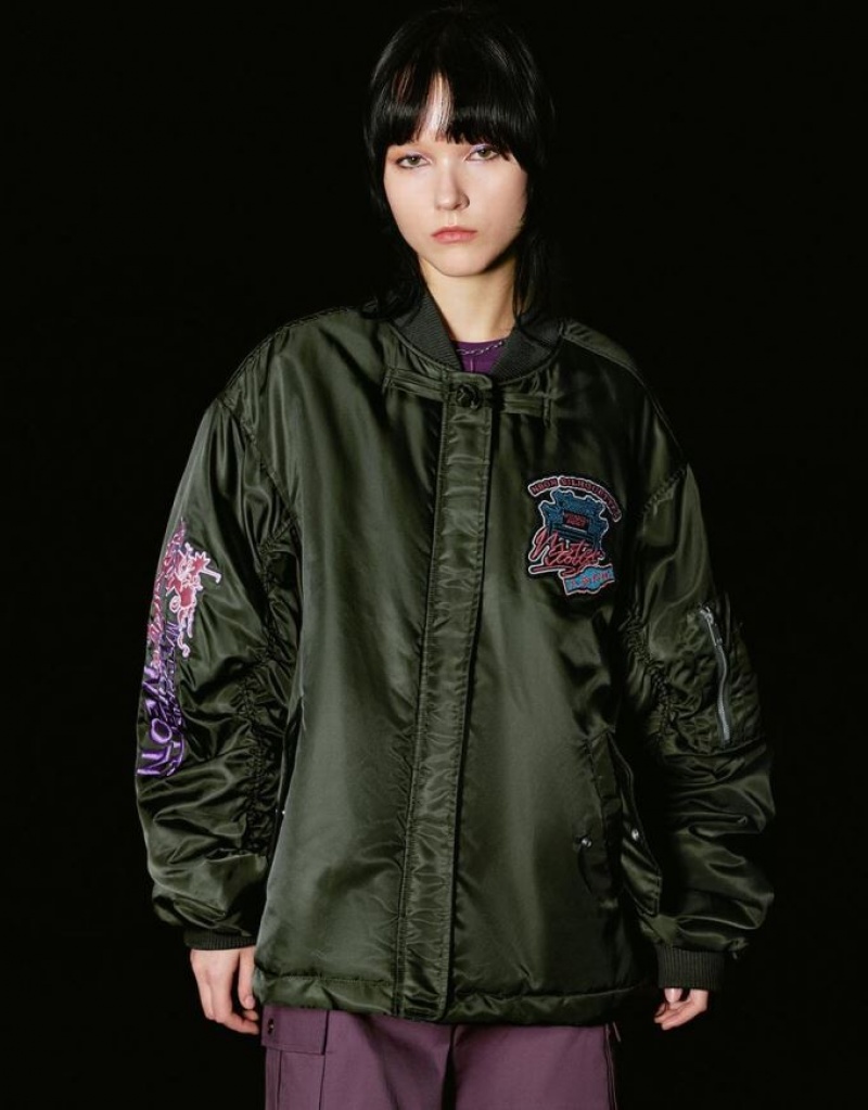 Green Urban Revivo Zipper Front Balloon Padded Women\'s Coats | RVKBSL-685