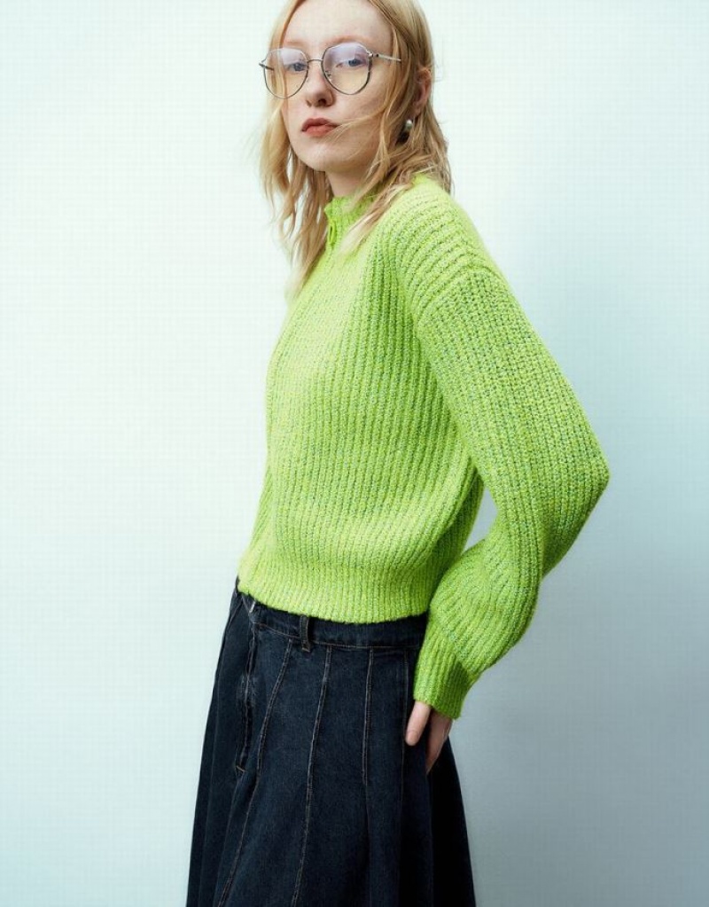 Green Urban Revivo Zipper Front Crew Neck Knitted Women's Cardigan | MWZCRH-245