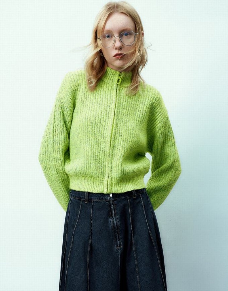 Green Urban Revivo Zipper Front Crew Neck Knitted Women\'s Cardigan | MWZCRH-245