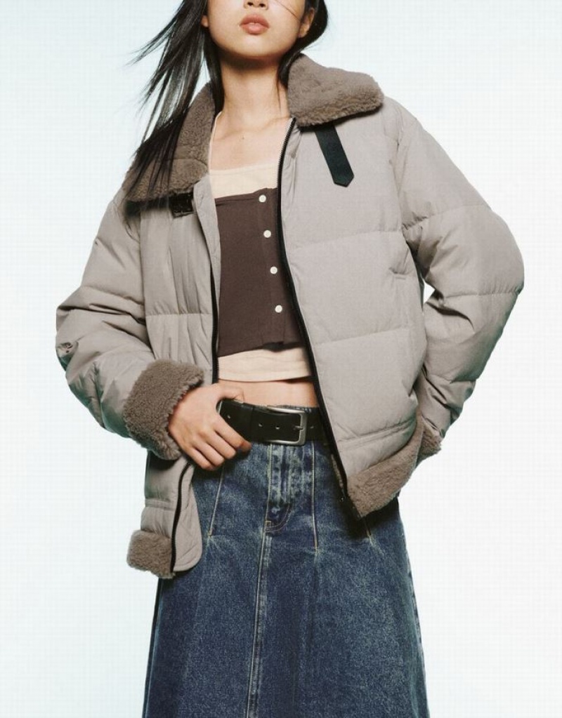 Green Urban Revivo Zipper Front Furry Trim Women's Down Jackets | NFISGE-204