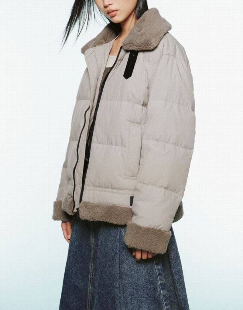 Green Urban Revivo Zipper Front Furry Trim Women's Down Jackets | NFISGE-204