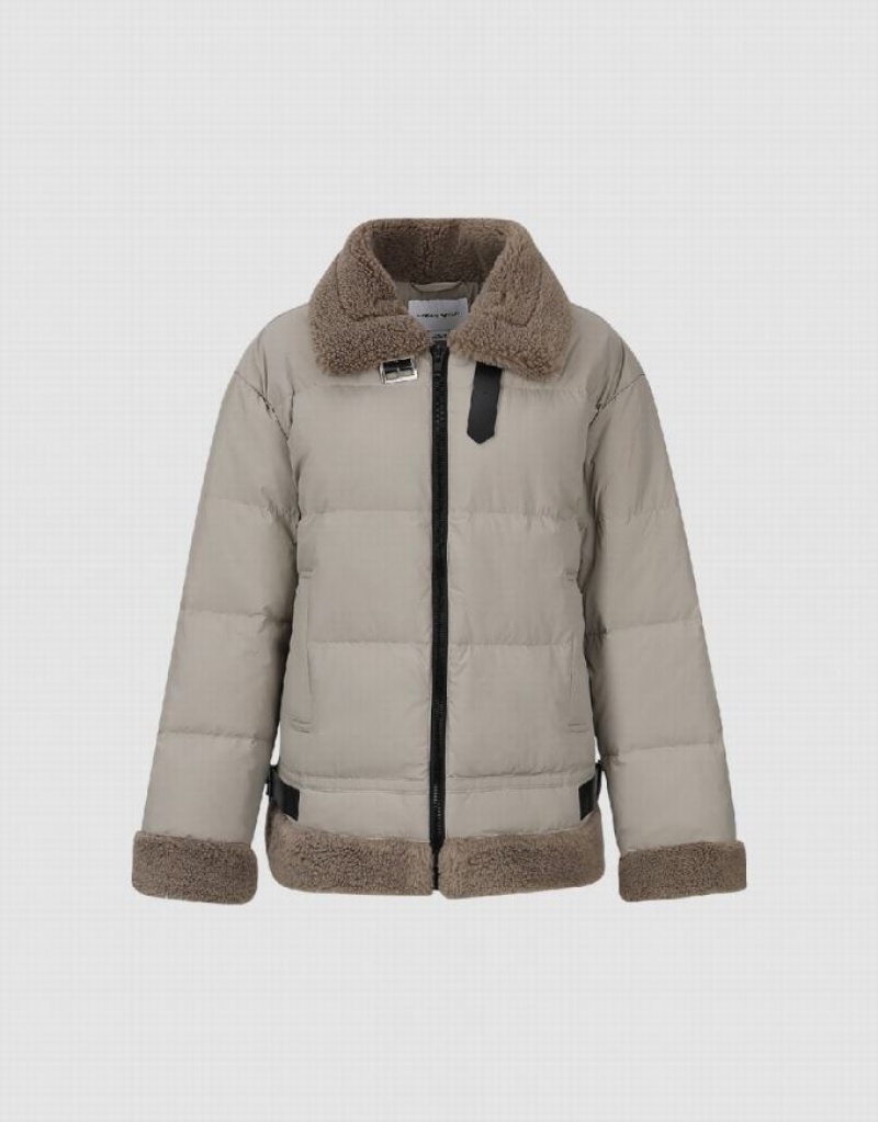 Green Urban Revivo Zipper Front Furry Trim Women\'s Down Jackets | NFISGE-204