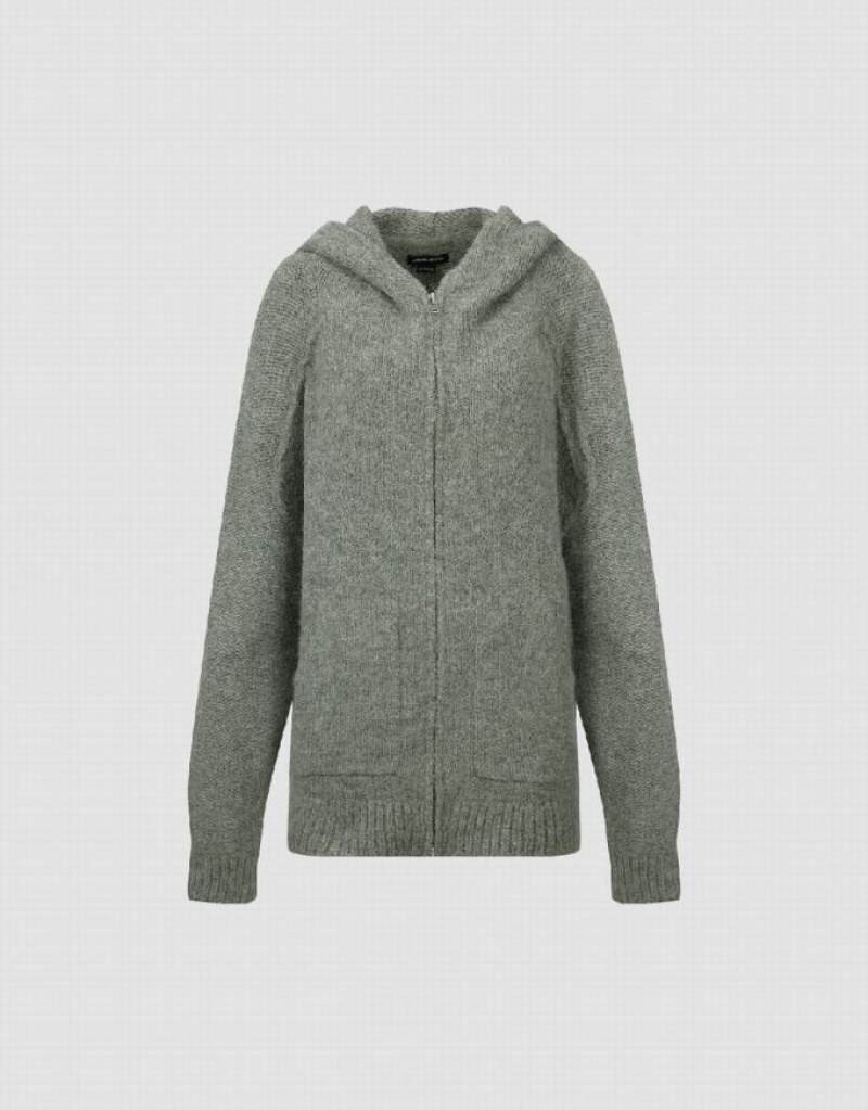 Green Urban Revivo Zipper Front Hooded Knitted Women's Cardigan | PKJRCM-067
