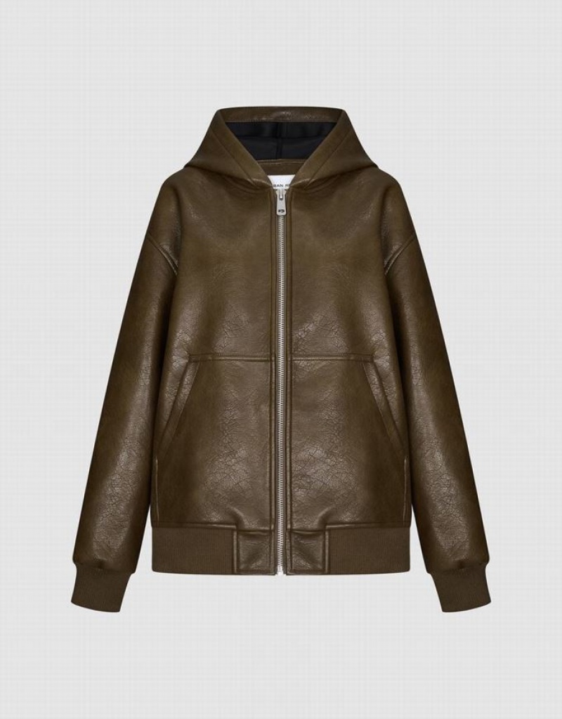 Green Urban Revivo Zipper Front Vegan Leather Women\'s Hooded Jackets | XYESWH-319