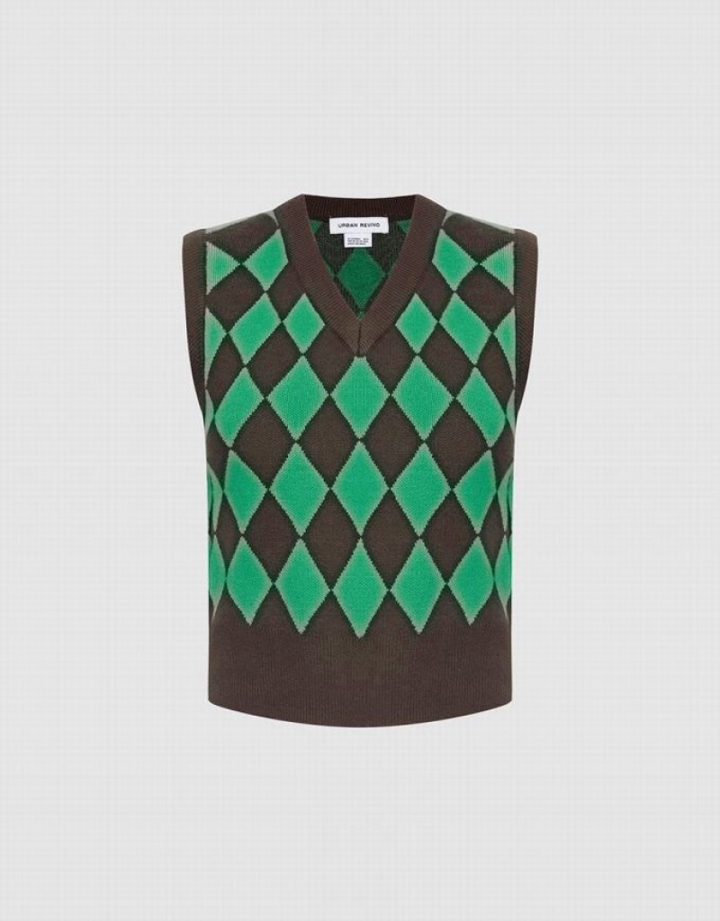 Green / Brown Urban Revivo Argyle Pattern Women\'s Sweater Vest | KBNCLR-634
