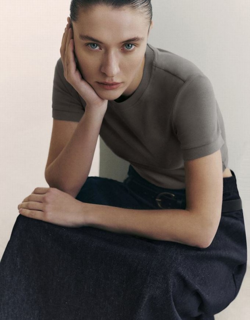 Grey Urban Revivo Basic Crew Neck Skinny Women's T-Shirts | EWQUAB-913