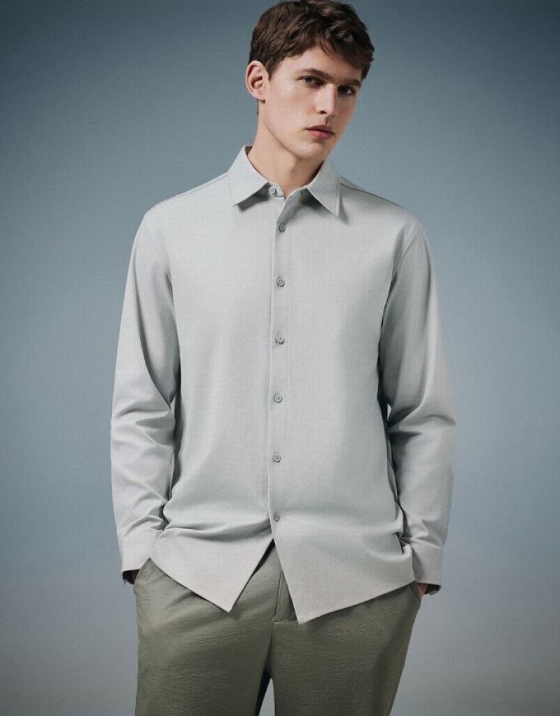Grey Urban Revivo Button Up Straight Knitted Men\'s Shirts | AUCFTX-254