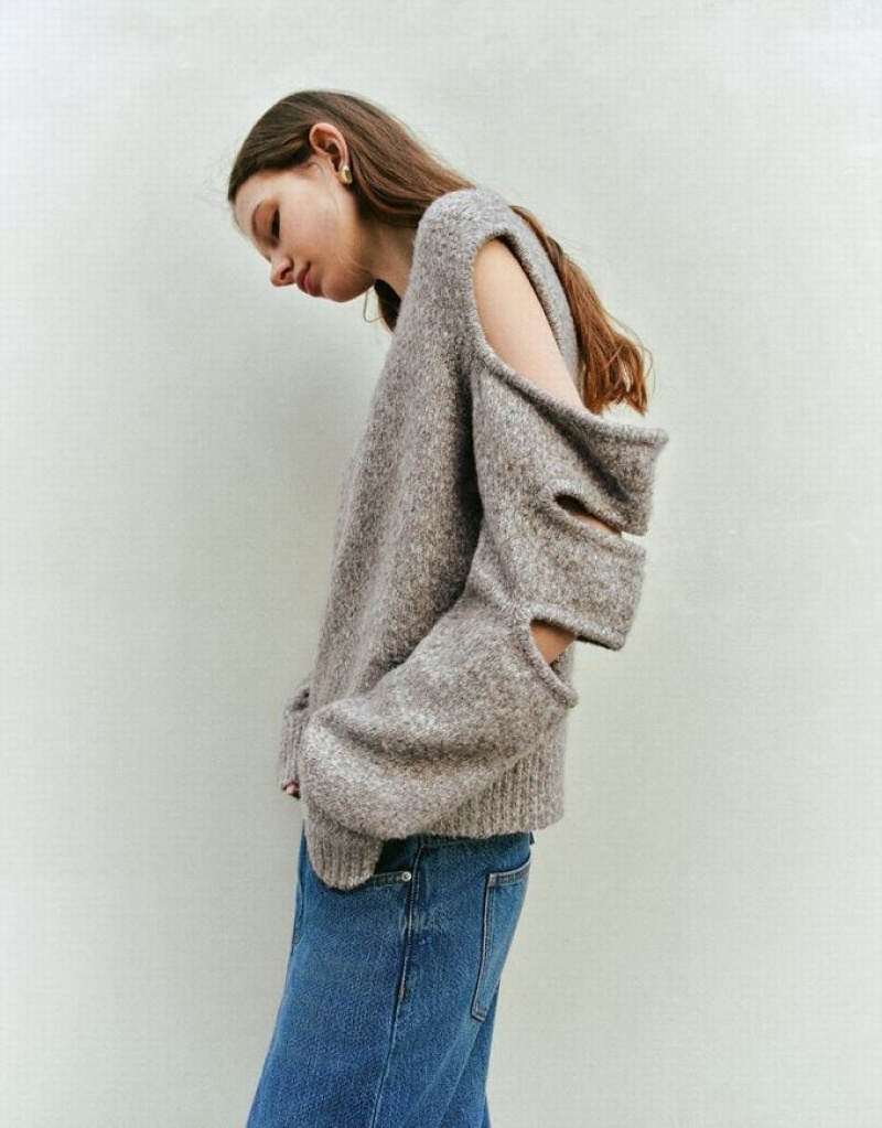 Grey Urban Revivo Cold Shoulder Crew Neck Knitted Women's Cardigan | IKDGSN-506