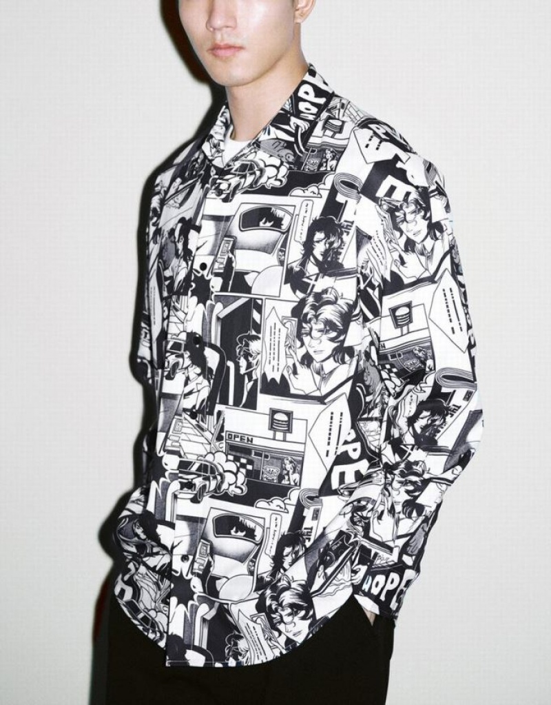 Grey Urban Revivo Comic Printed Loose Men's Shirts | HYBEJF-308