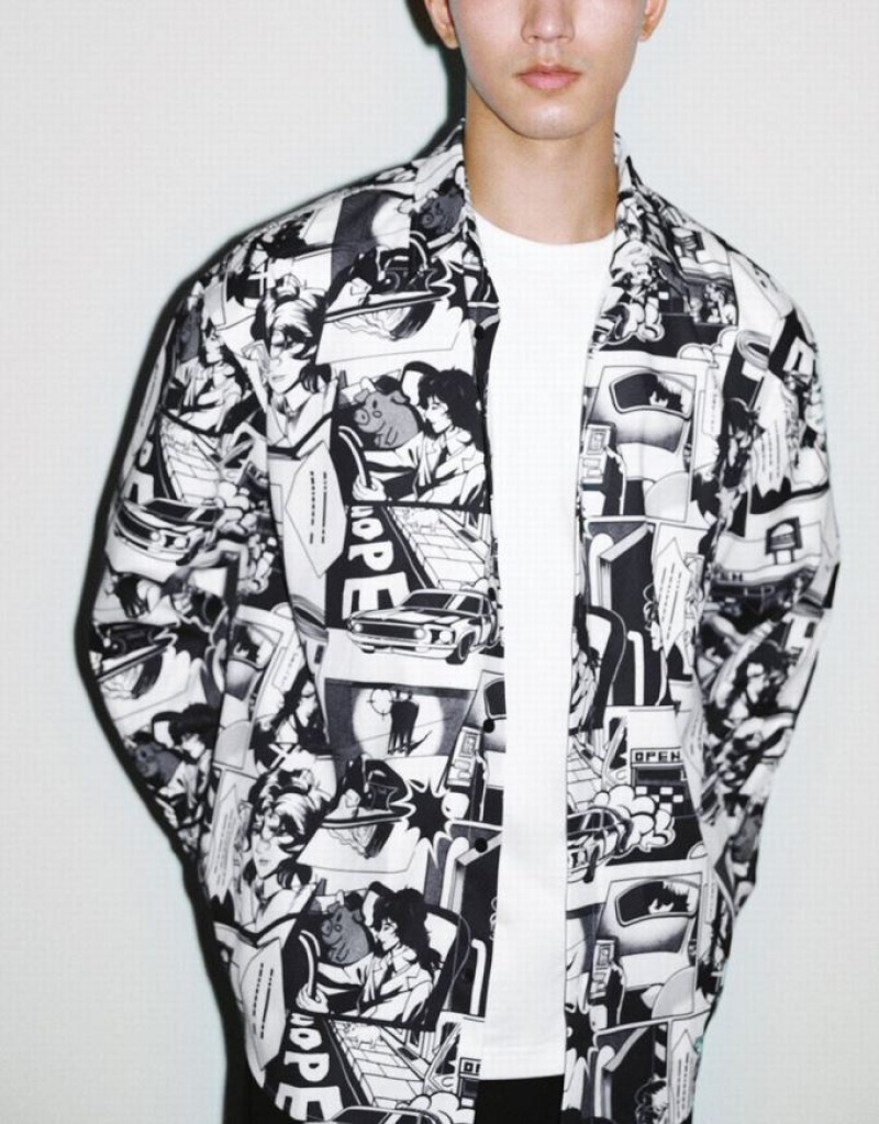 Grey Urban Revivo Comic Printed Loose Men's Shirts | HYBEJF-308