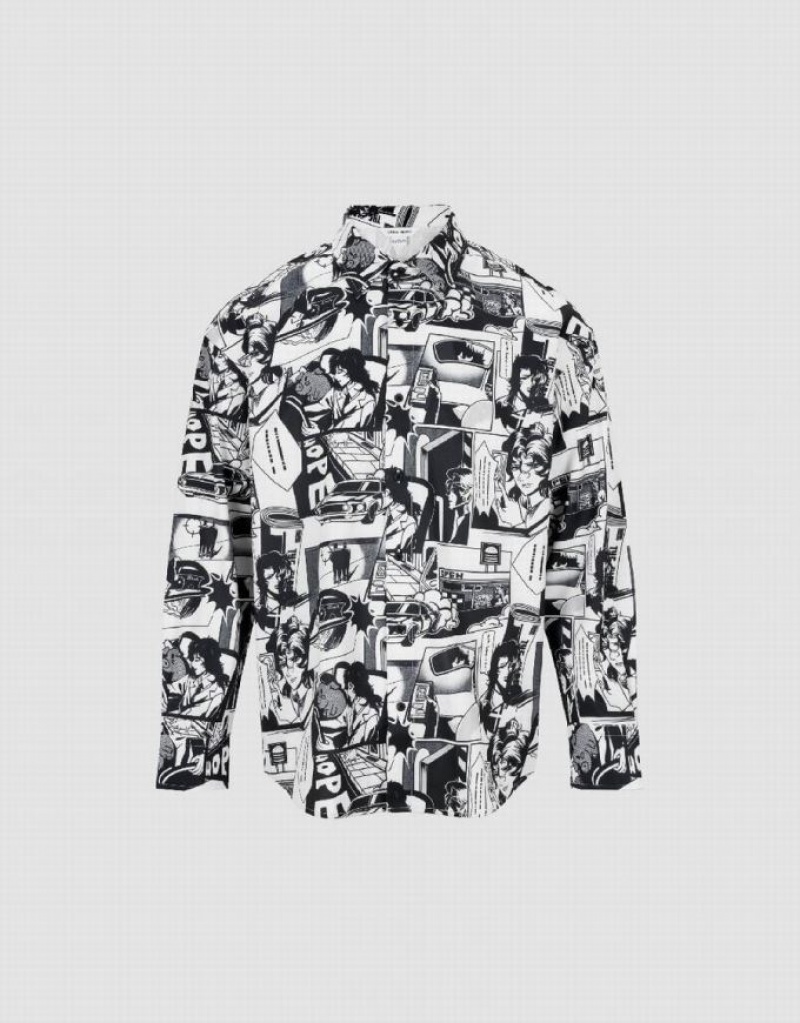 Grey Urban Revivo Comic Printed Loose Men\'s Shirts | HYBEJF-308