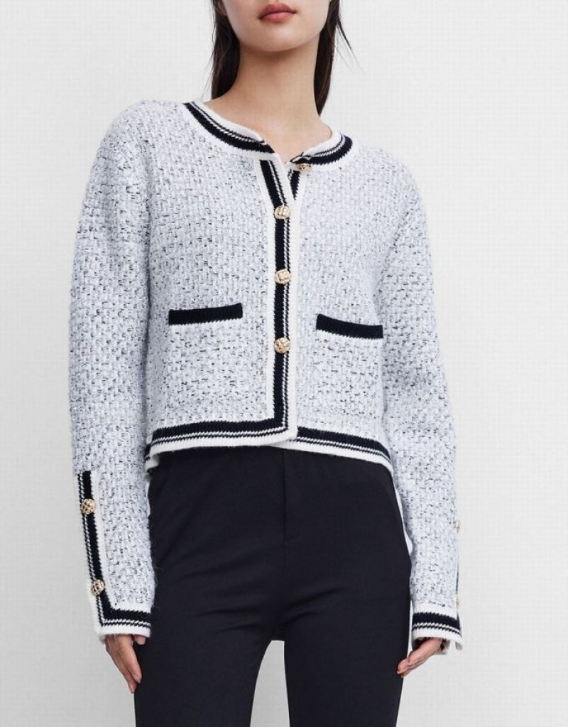 Grey Urban Revivo Contrast Trim Tweed Button Front Women's Cardigan | ENOMGL-603