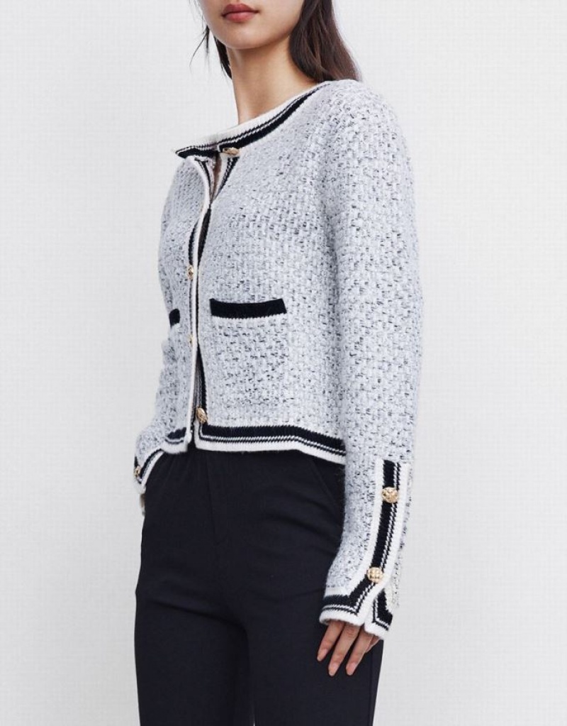 Grey Urban Revivo Contrast Trim Tweed Button Front Women's Cardigan | ENOMGL-603