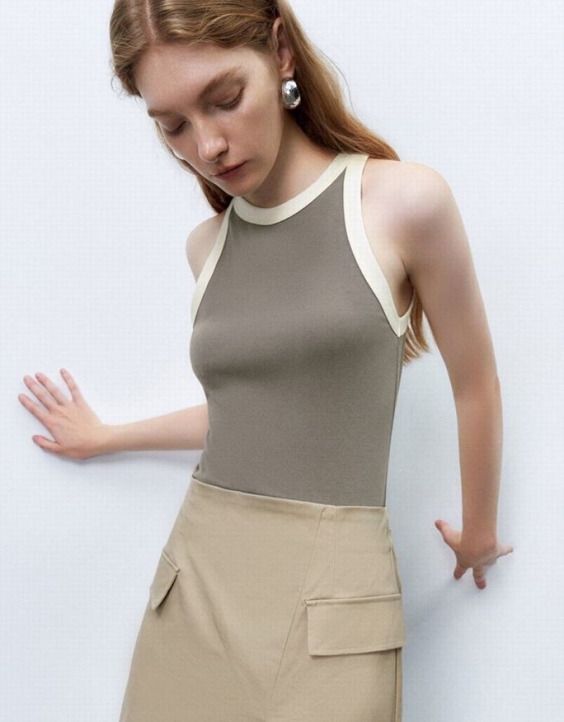 Grey Urban Revivo Crew Neck Straight Women's Tank Top | NZVEUY-729