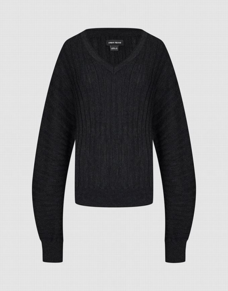 Grey Urban Revivo Dolman Sleeve V-Neck Knitted Women's Cardigan | VMWLEB-521