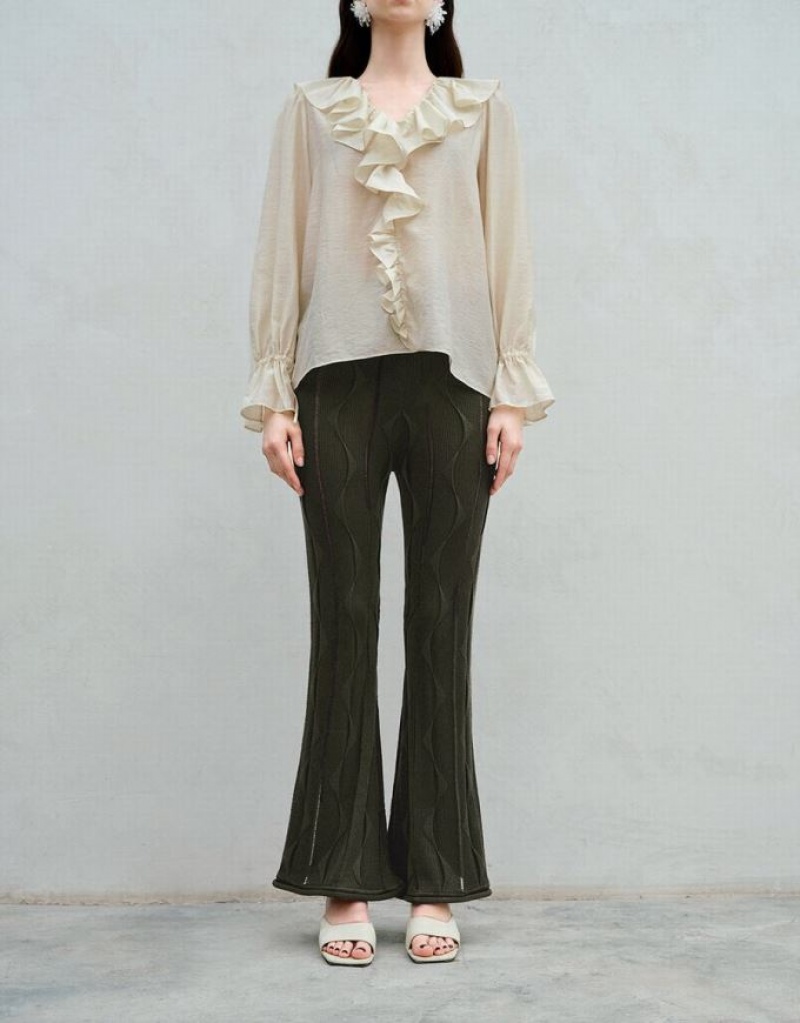 Grey Urban Revivo Embossed Flare Knitted Women's Pants | IDQCFE-824