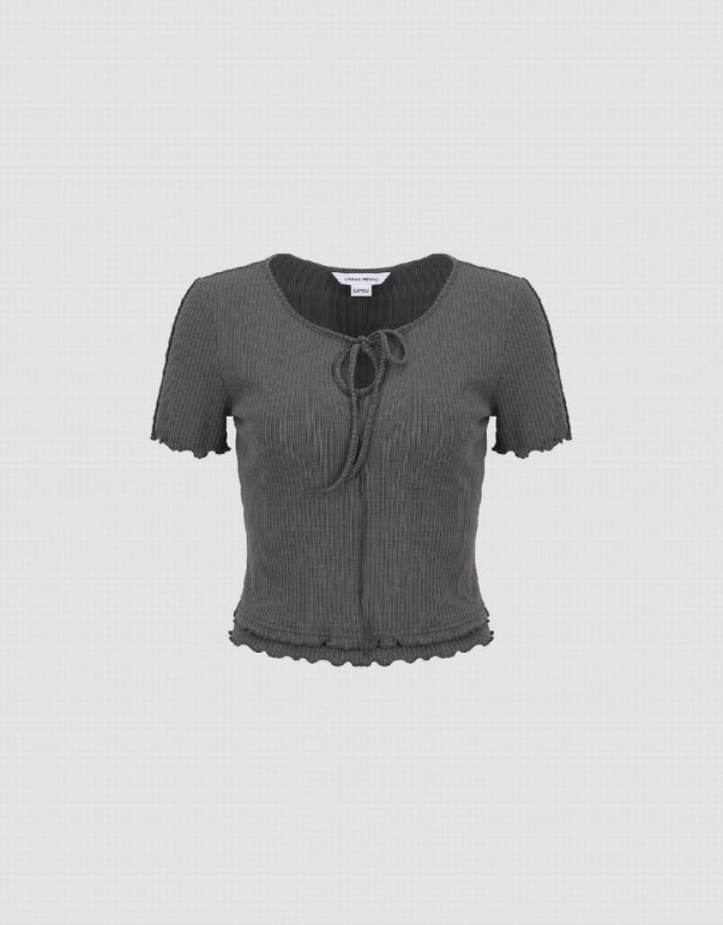 Grey Urban Revivo Frill Trim Tie Front Knitted Women\'s T-Shirts | HKRZUM-142
