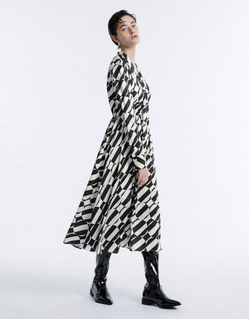 Grey Urban Revivo Geometric Print Tie Front Midi Women's Midi Dress | CXETPB-325