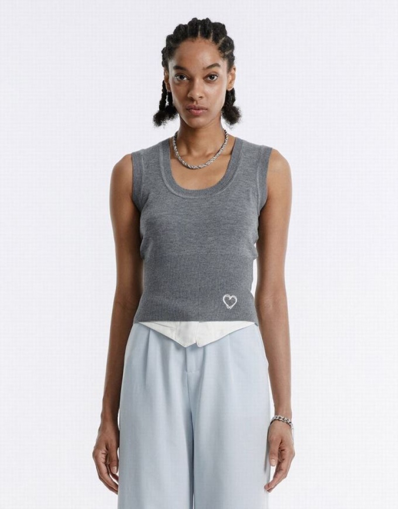 Grey Urban Revivo Heart Embroidery Women\'s Tank Top | NAHJIU-823