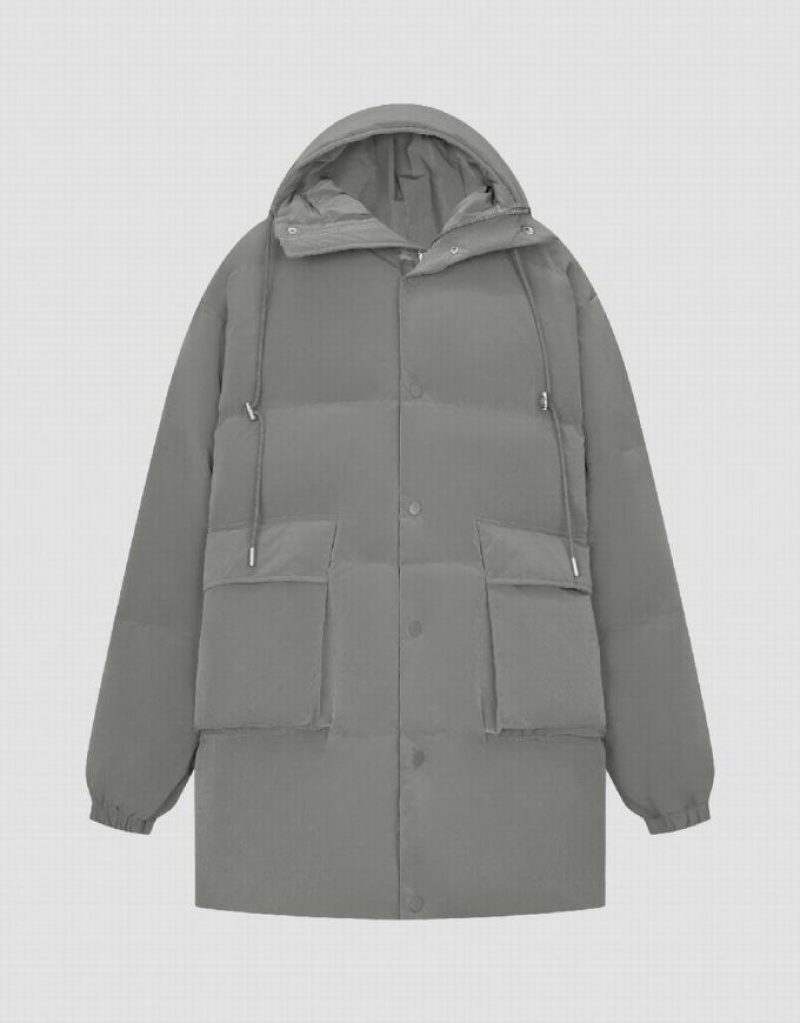 Grey Urban Revivo Hooded A-Line Men's Down Jackets | GCINVW-847