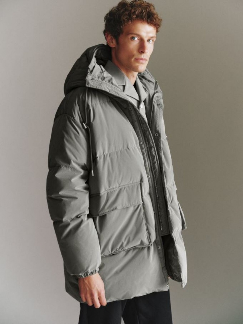 Grey Urban Revivo Hooded A-Line Men's Down Jackets | GCINVW-847